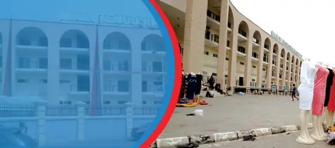 The arched facade of the Main Tejuosho Shopping Complex on Ojuelegba-Itire Road, Yaba, Lagos